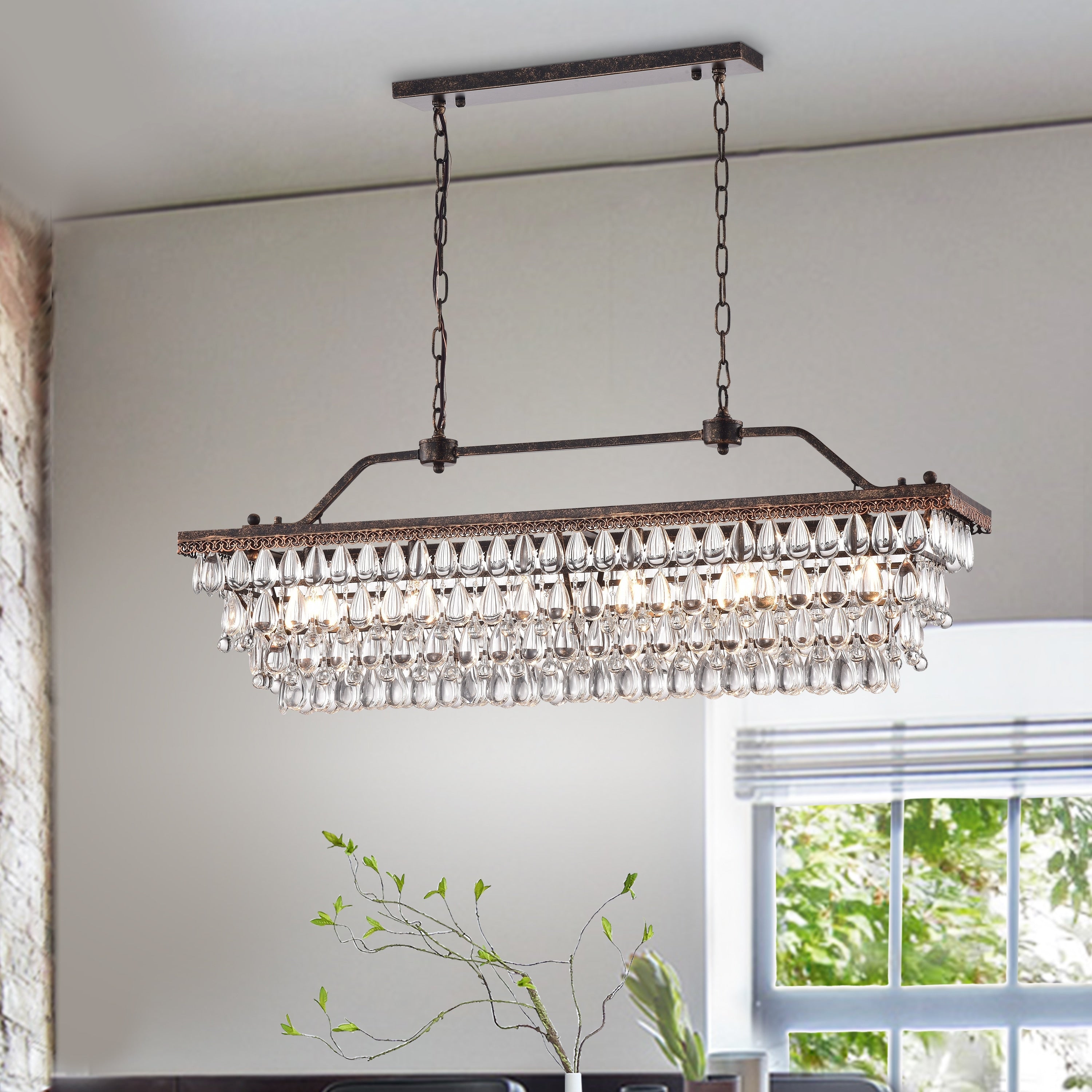 Éclairage rectangulaire pour îlot de cuisine en bronze antique à 6 lumières avec suspension en cristal - Bronze antique