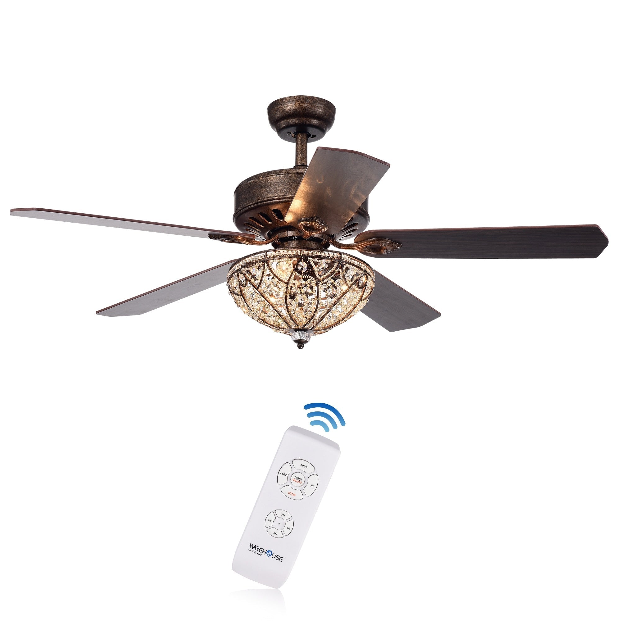 Ventilateur de plafond éclairé à 5 pales en bronze rustique Gliska avec abat-jour en cristal