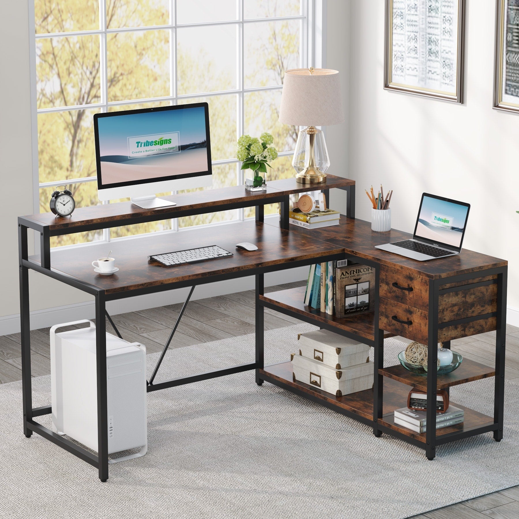 Bureau en L avec tiroir, bureau d'angle avec étagères de rangement et support d'écran, bureau PC rustique pour petits espaces