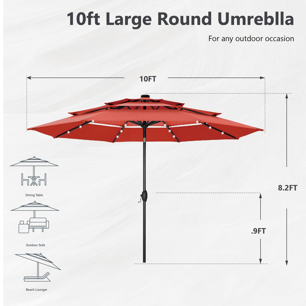 Parasol de terrasse inclinable à 3 niveaux de 10 pieds de MAISON ARTS, parasol d'extérieur à double ventilation avec lumières LED