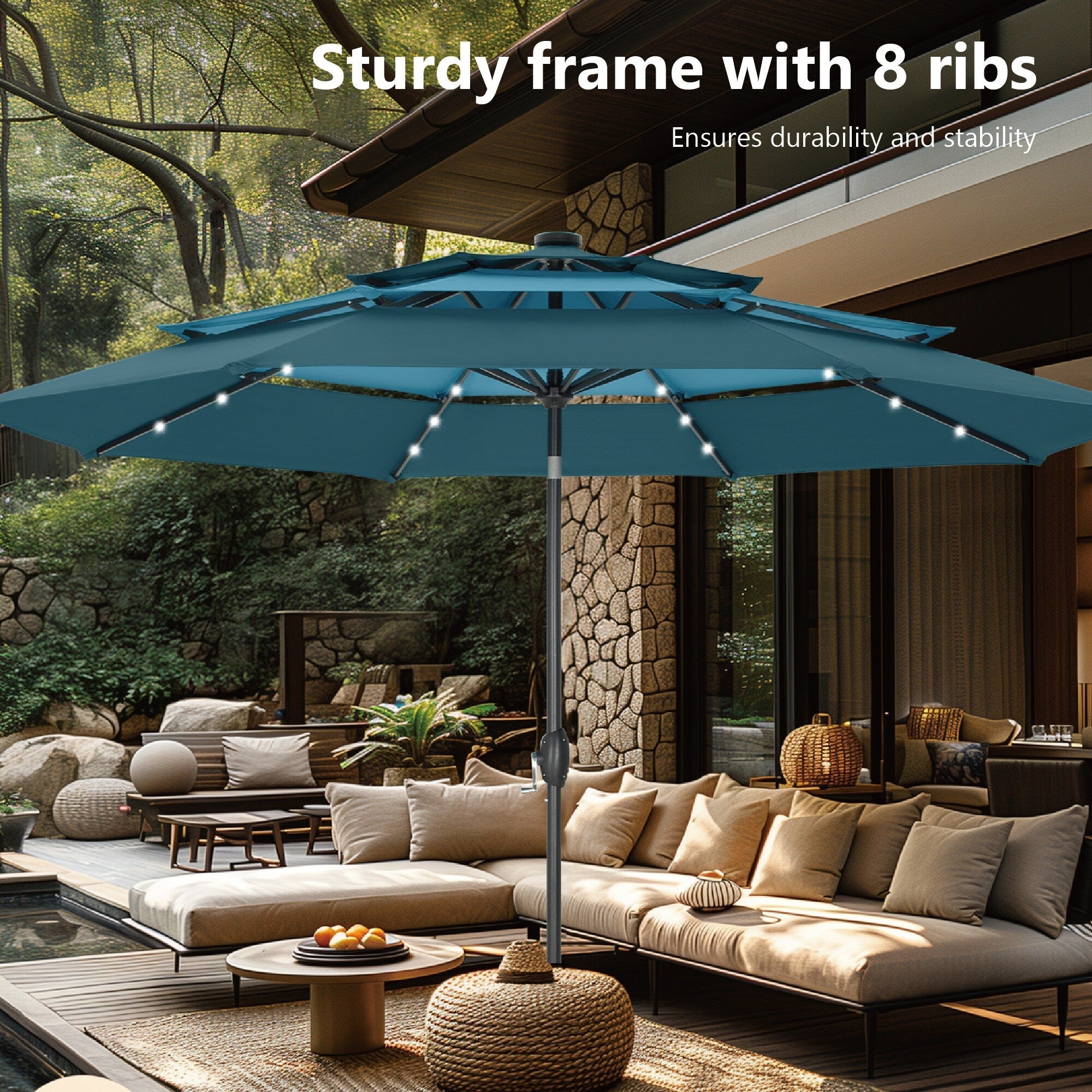 Parasol de terrasse inclinable à 3 niveaux de 10 pieds de MAISON ARTS, parasol d'extérieur à double ventilation avec lumières LED