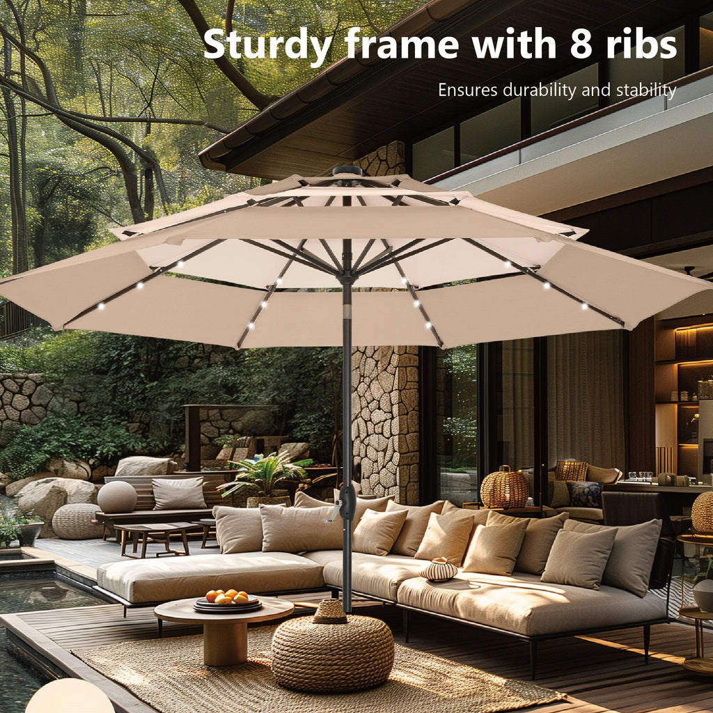 Parasol de terrasse inclinable à 3 niveaux de 10 pieds de MAISON ARTS, parasol d'extérieur à double ventilation avec lumières LED