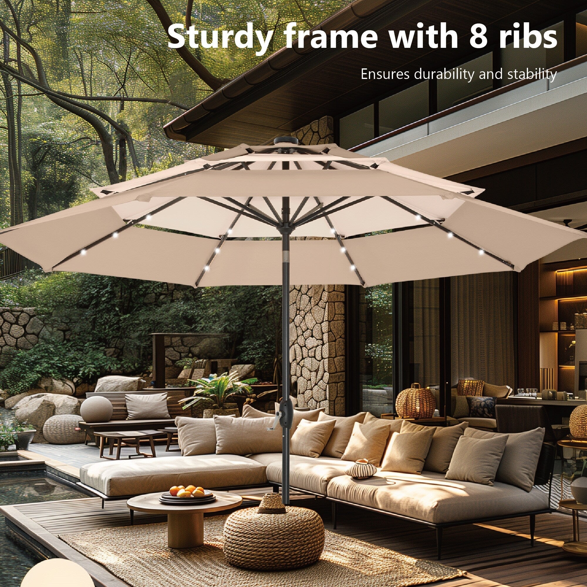 Parasol de terrasse inclinable à 3 niveaux de 10 pieds de MAISON ARTS, parasol d'extérieur à double ventilation avec lumières LED