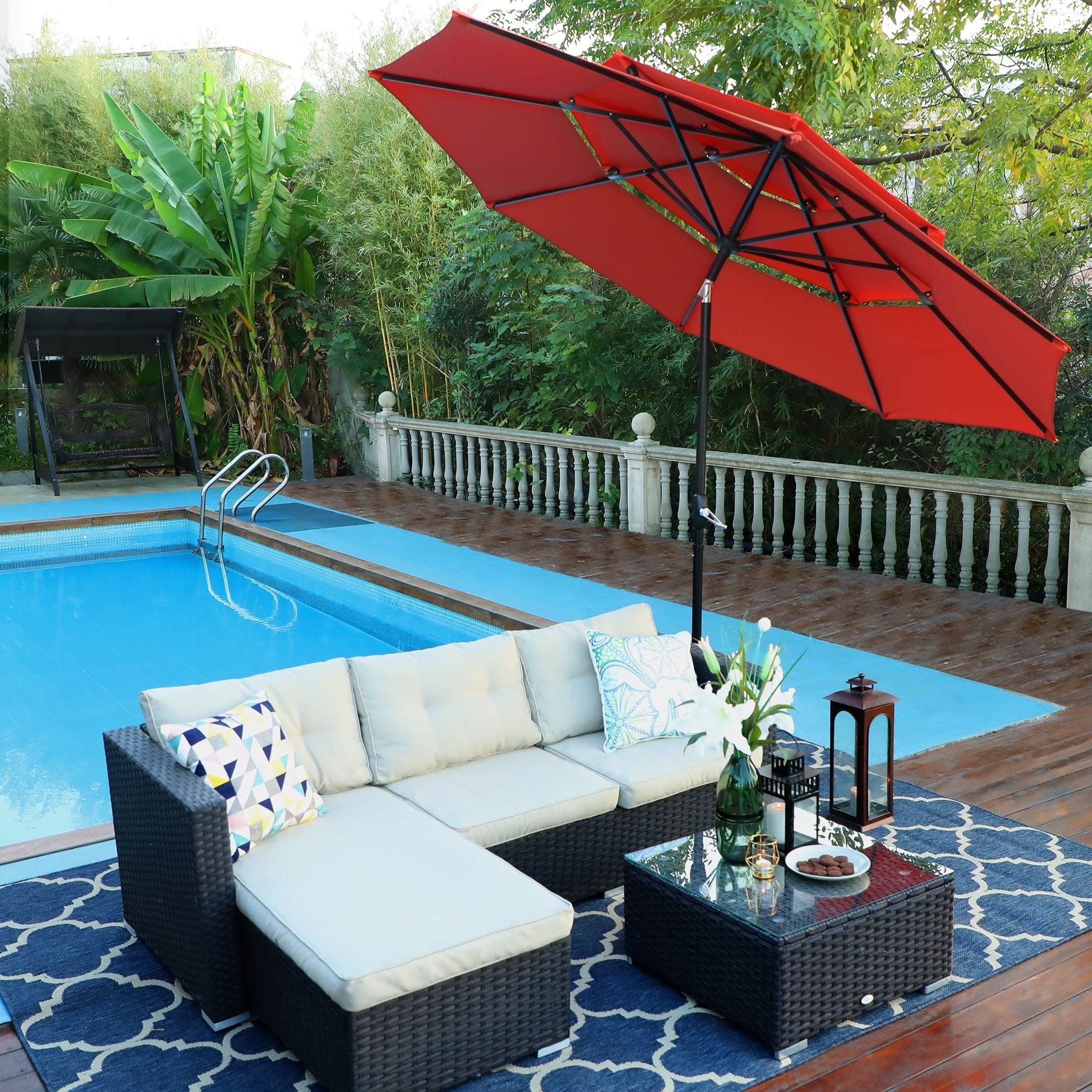 Parasol de terrasse inclinable à 3 niveaux de 10 pieds de MAISON ARTS, parasol d'extérieur à double ventilation avec lumières LED