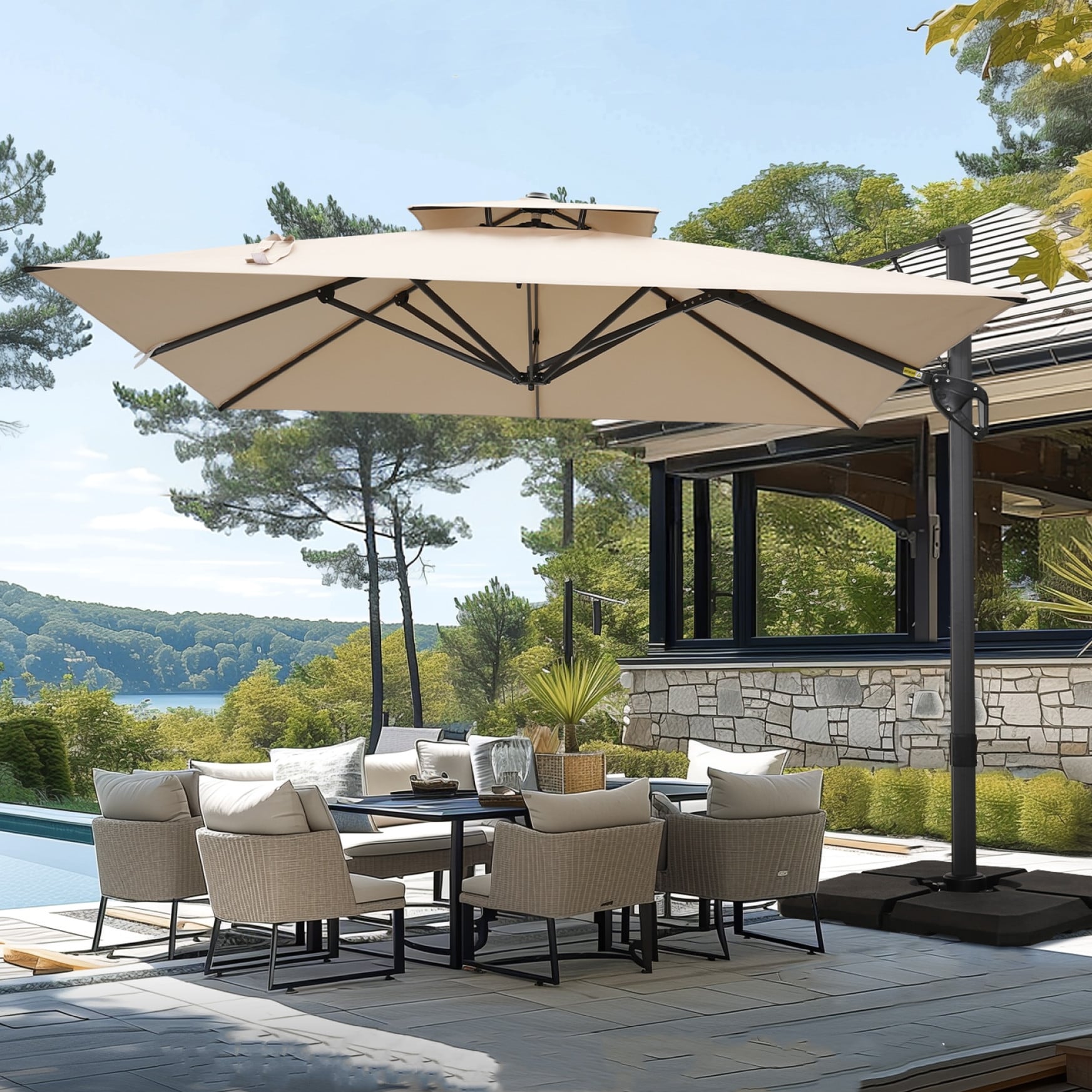 MAISON ARTS Parasol déporté hydraulique automatique de 12 pieds avec mât en aluminium et rotation à 360 degrés