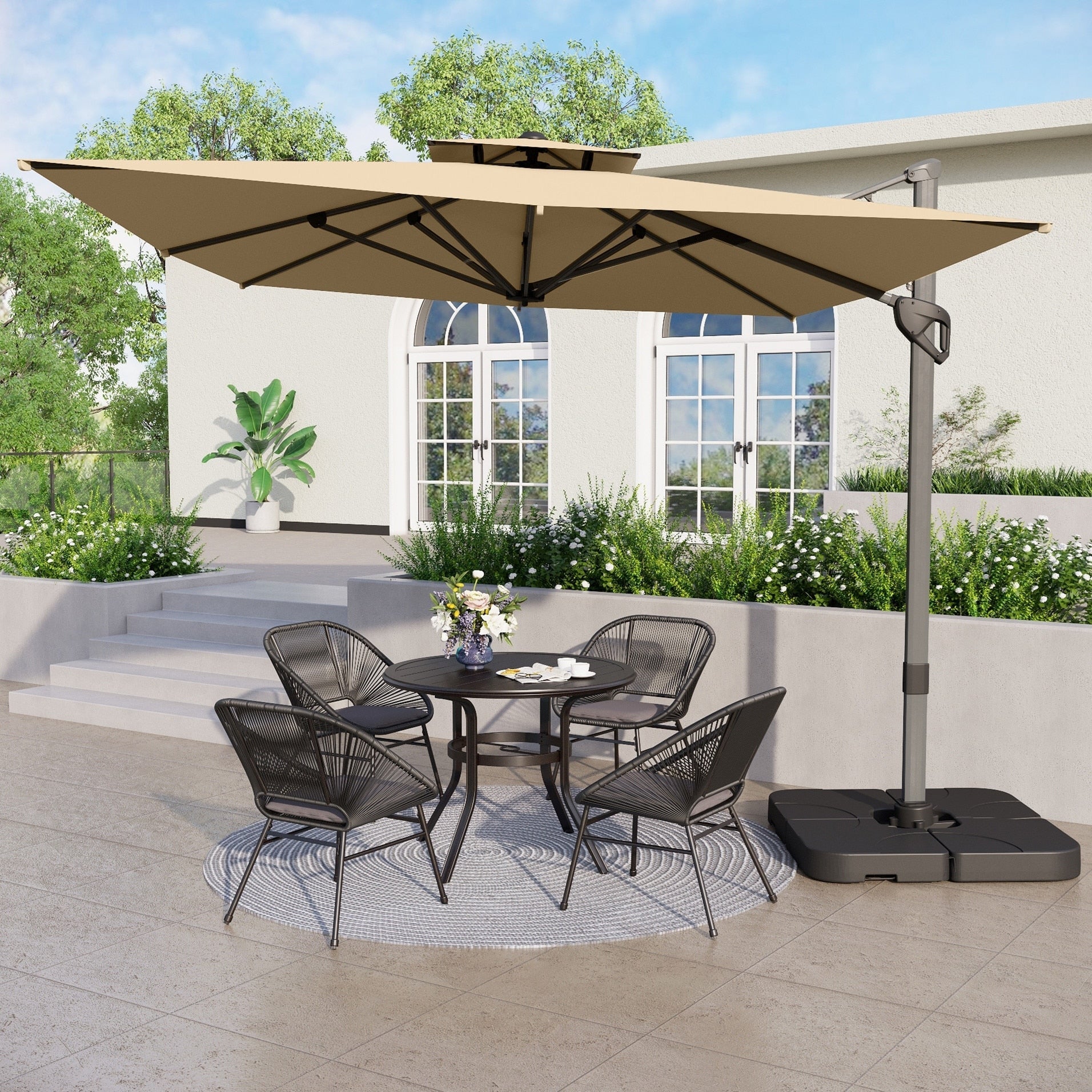 MAISON ARTS Parasol déporté hydraulique automatique de 12 pieds avec mât en aluminium et rotation à 360 degrés