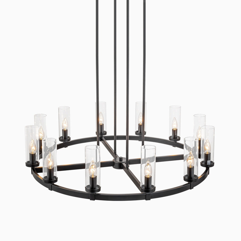 Lustre à 12 lumières en forme de roue de chariot, style moderne du milieu du siècle, en verre transparent, doré/noir, grand modèle
