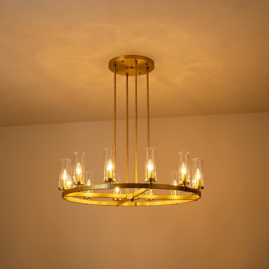 Lustre à 12 lumières en forme de roue de chariot, style moderne du milieu du siècle, en verre transparent, doré/noir, grand modèle