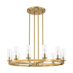 Lustre à 12 lumières en forme de roue de chariot, style moderne du milieu du siècle, en verre transparent, doré/noir, grand modèle