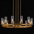 Lustre à 12 lumières en forme de roue de chariot, style moderne du milieu du siècle, en verre transparent, doré/noir, grand modèle