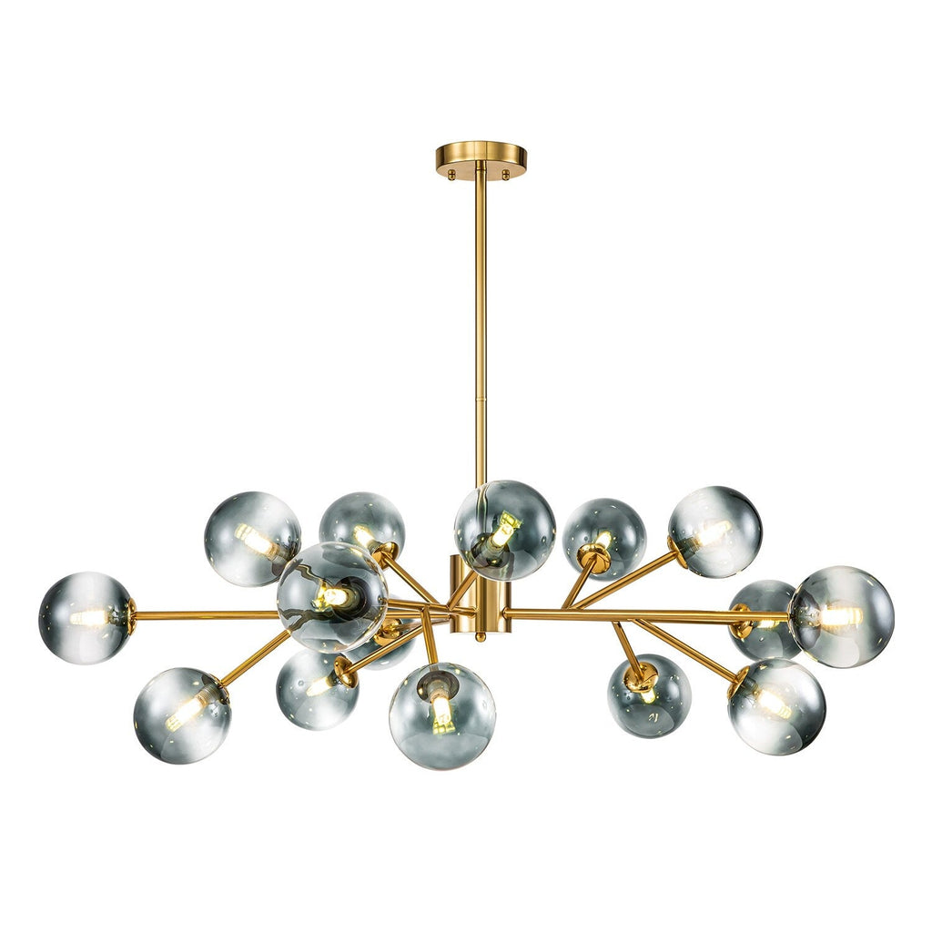 Lustre linéaire moderne à 15 lumières pour îlot de cuisine Sputnik avec branches et globes en verre