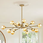 Lustre linéaire moderne à 15 lumières pour îlot de cuisine Sputnik avec branches et globes en verre