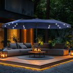 Parasol de marché extérieur rectangulaire à manivelle double face de 15 pieds, parasol de patio éclairé par LED solaire avec base incluse