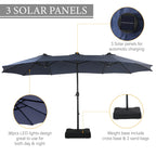 Parasol de marché extérieur rectangulaire à manivelle double face de 15 pieds, parasol de patio éclairé par LED solaire avec base incluse