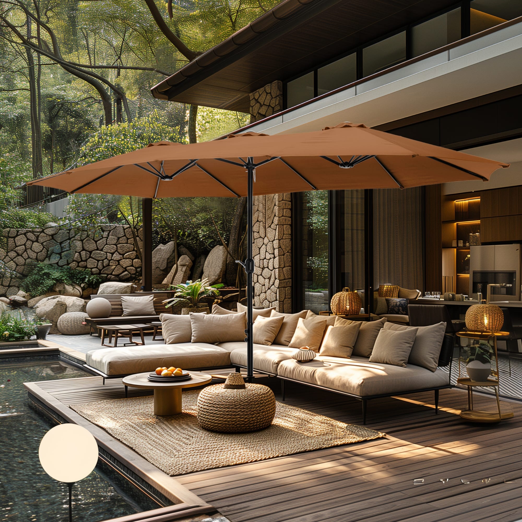 Parasol double extra large de 15 pieds pour patio double face de MAISON ARTS avec base incluse