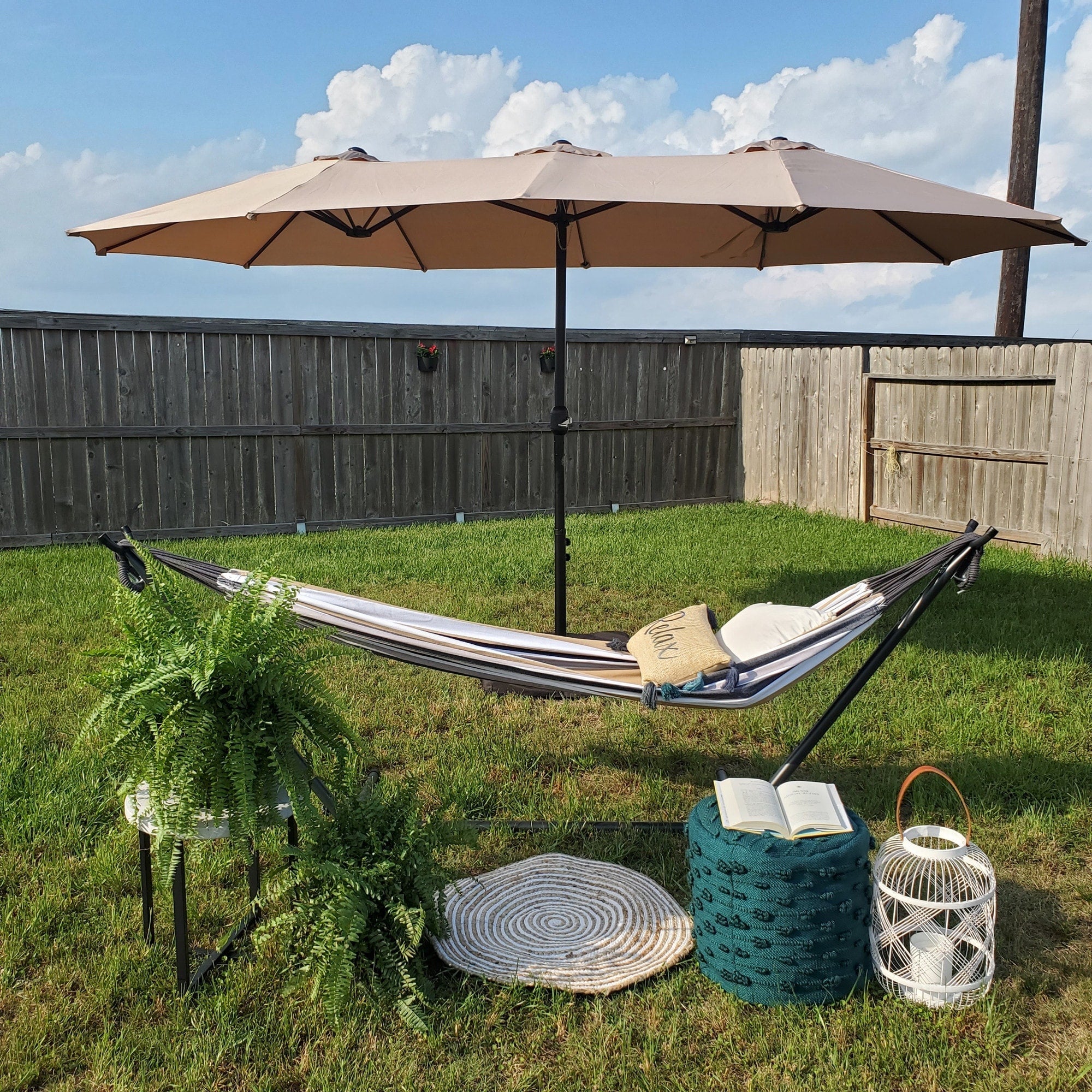 Parasol double extra large de 15 pieds pour patio double face de MAISON ARTS avec base incluse