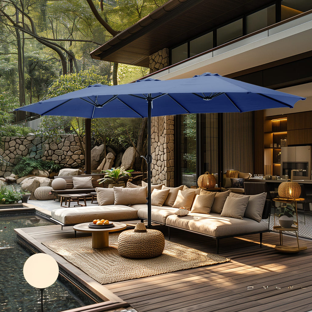 Parasol double extra large de 15 pieds pour patio double face de MAISON ARTS avec base incluse