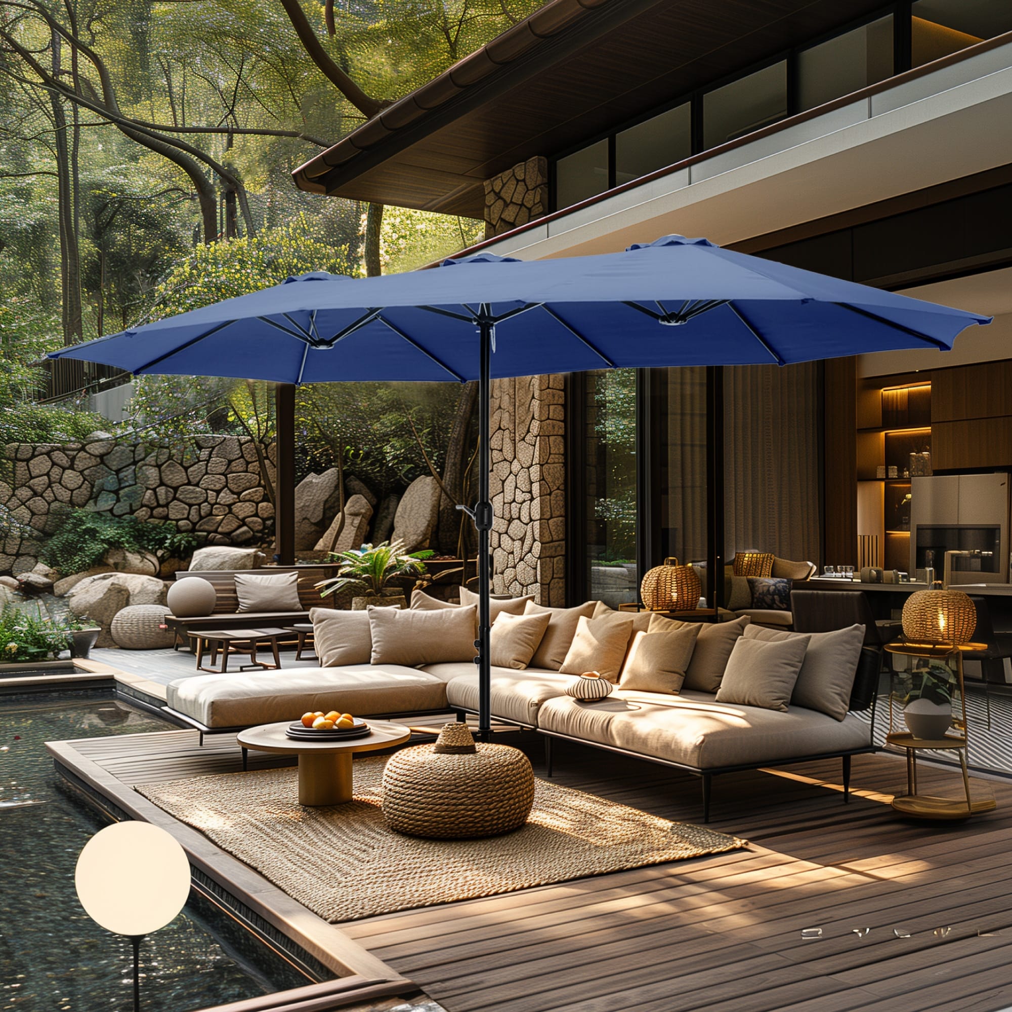 Parasol double extra large de 15 pieds pour patio double face de MAISON ARTS avec base incluse