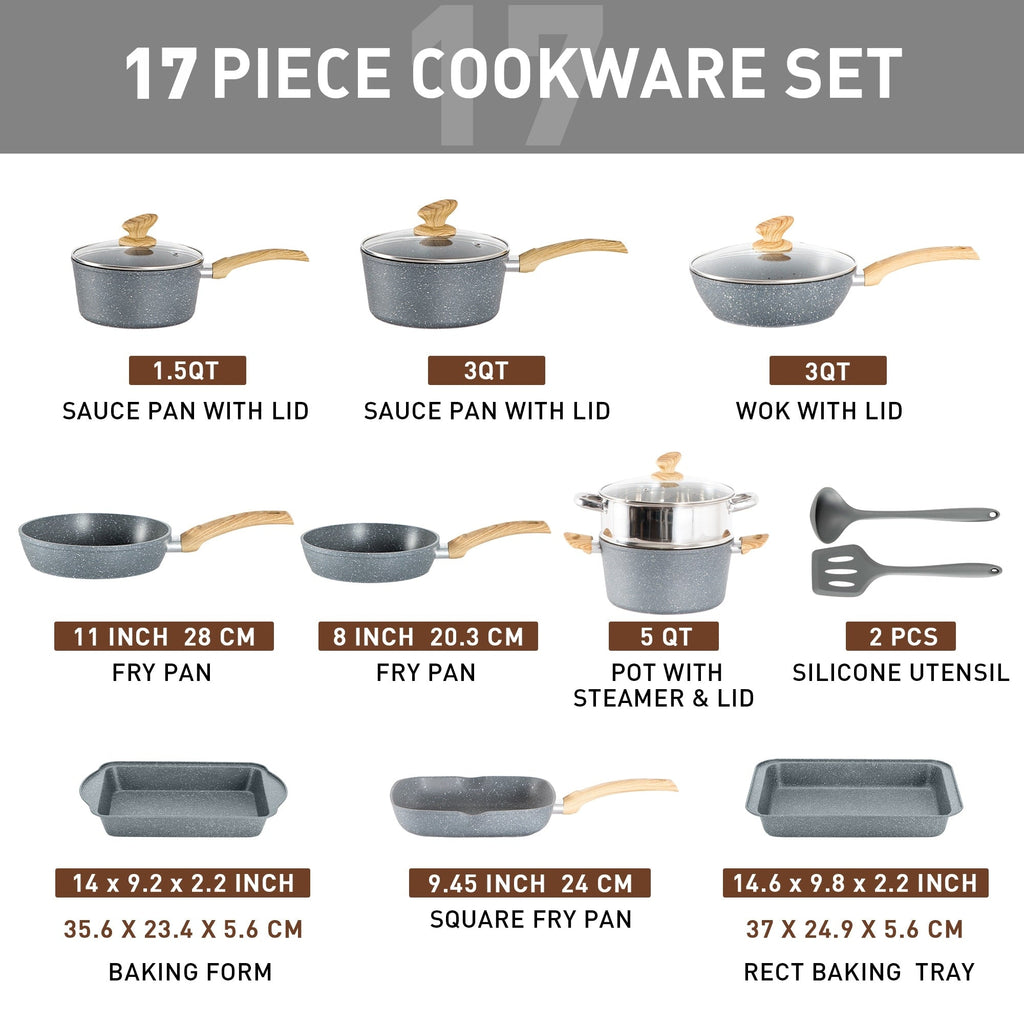 Batterie de cuisine en granit de 17 pièces, ensemble de casseroles et poêles antiadhésives
