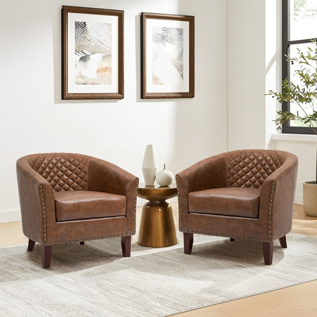 Lot de 2 chaises d'appoint tonneau en cuir vegan de 29 W avec garniture cloutée
