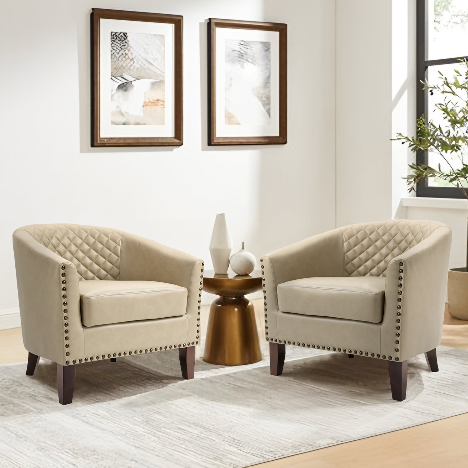 Lot de 2 chaises d'appoint tonneau en cuir vegan de 29 W avec garniture cloutée