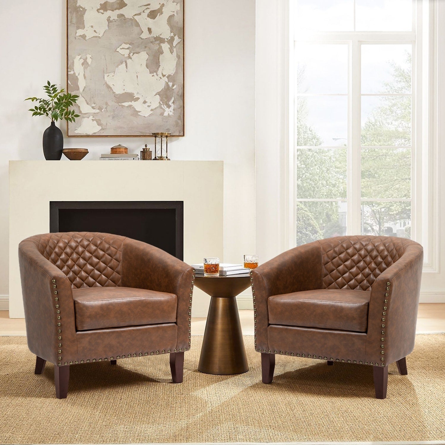Lot de 2 chaises d'appoint tonneau en cuir vegan de 29 W avec garniture cloutée
