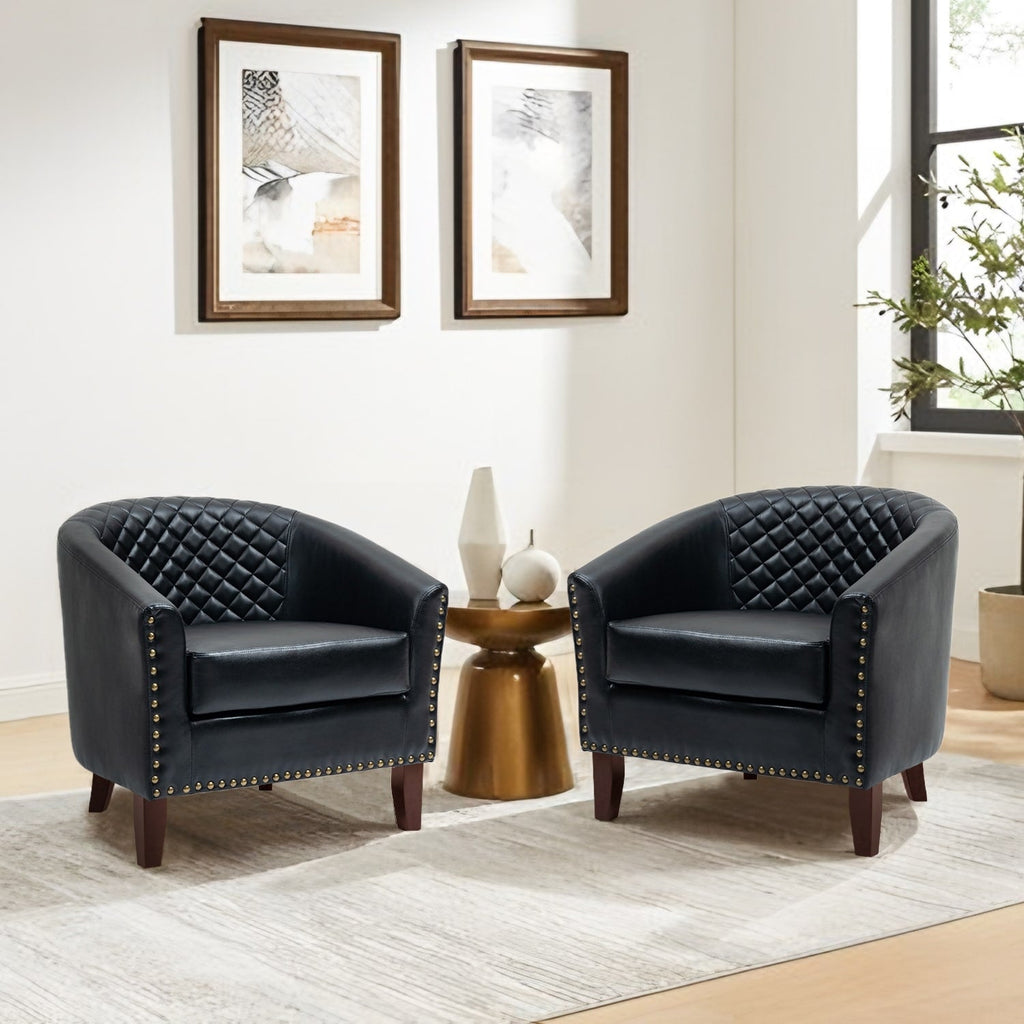 Lot de 2 chaises d'appoint tonneau en cuir vegan de 29 W avec garniture cloutée