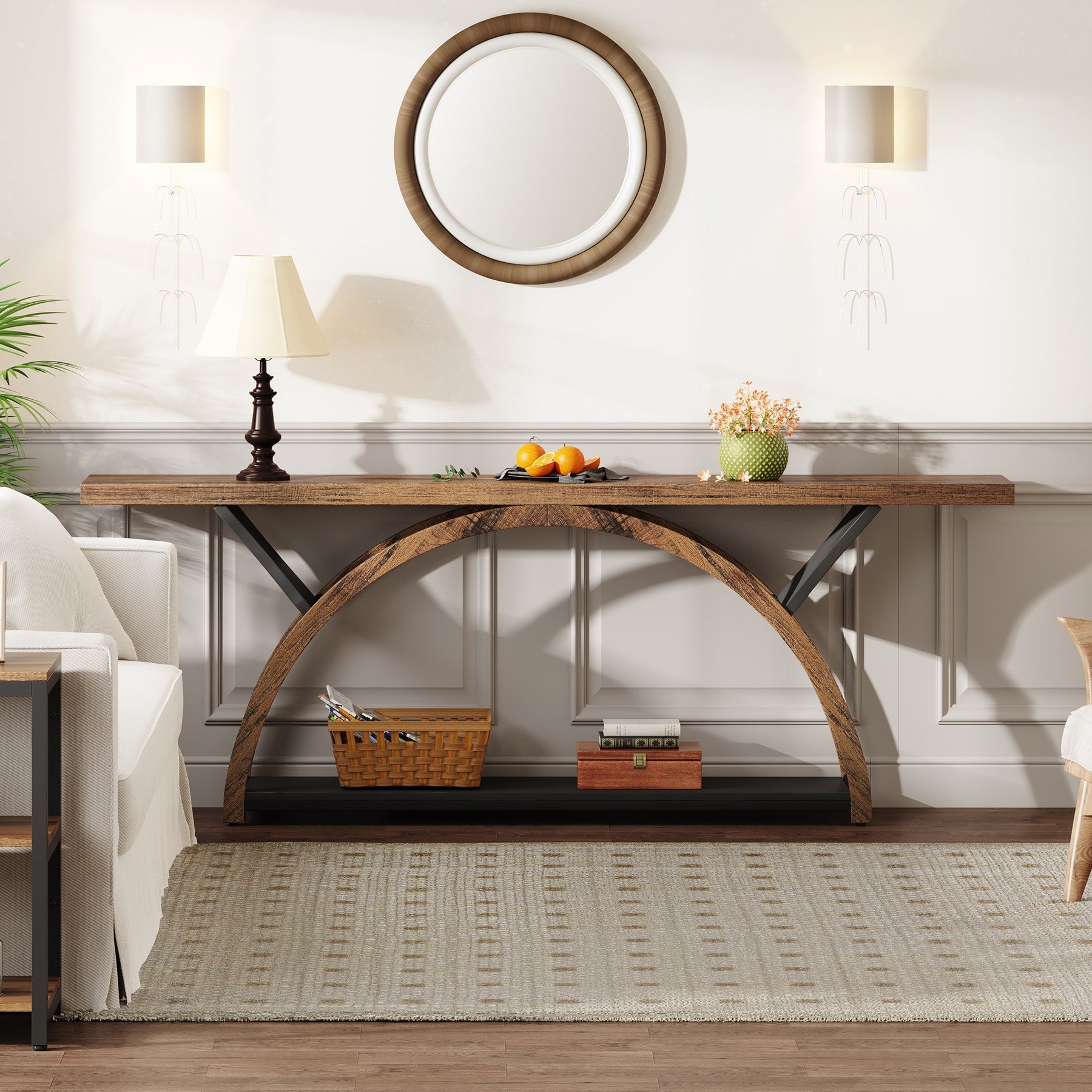 Console étroite à 2 niveaux avec cadre semi-circulaire pour entrée, tables d'appoint de couloir grises