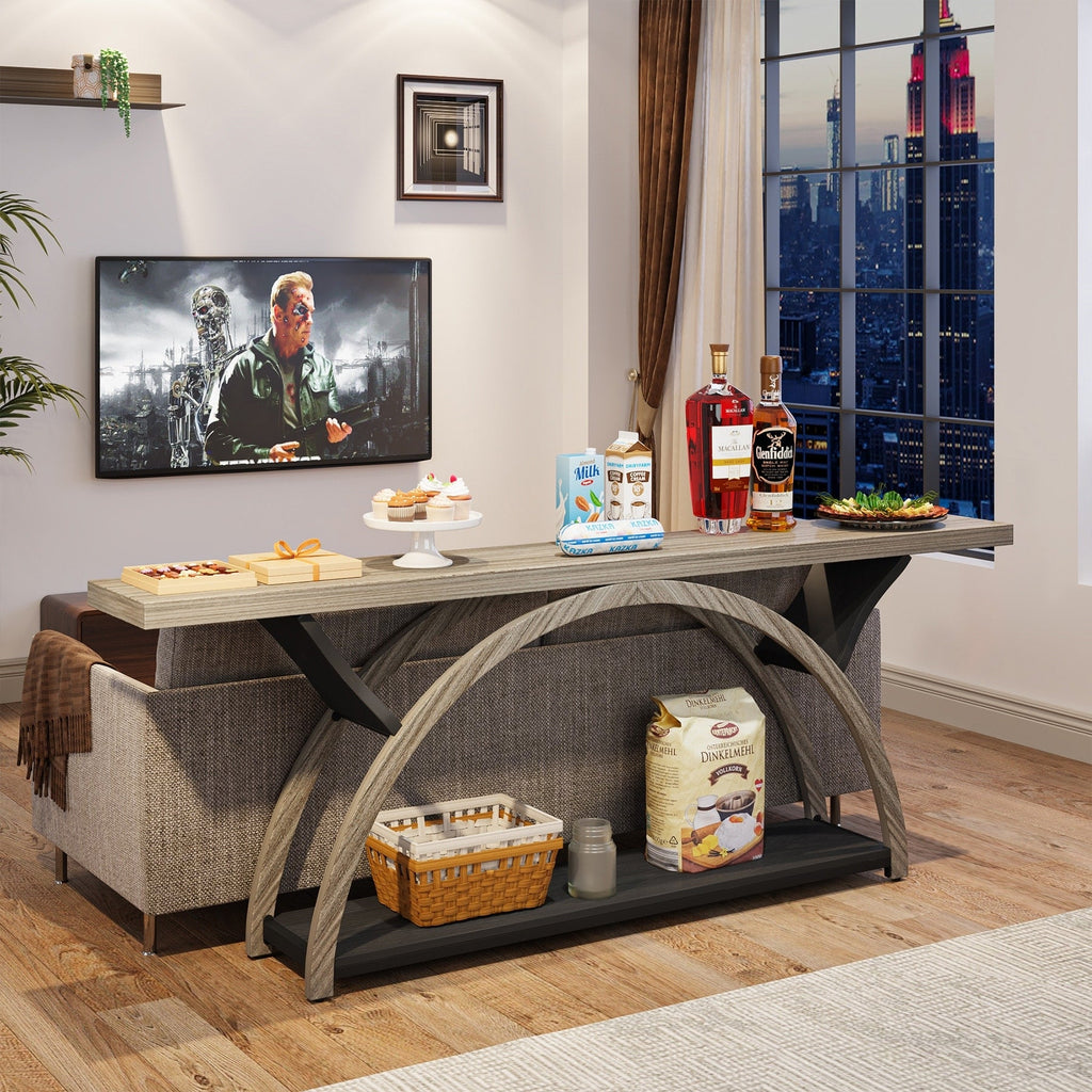 Console étroite à 2 niveaux avec cadre semi-circulaire pour entrée, tables d'appoint de couloir grises