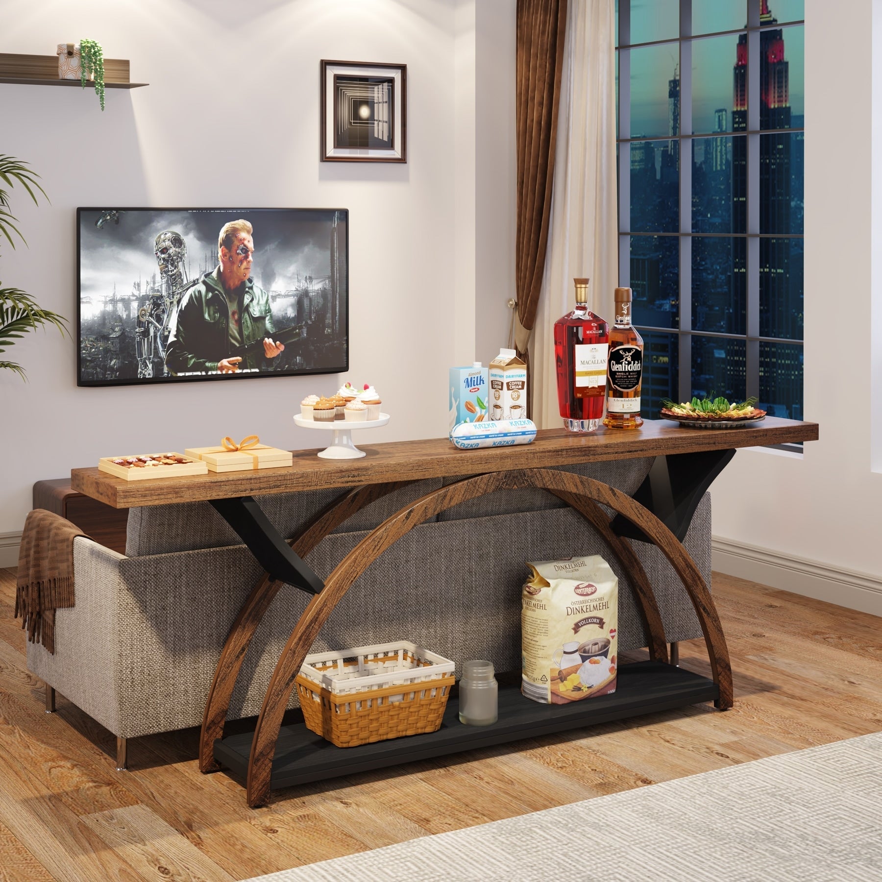 Console étroite à 2 niveaux avec cadre semi-circulaire pour entrée, tables d'appoint de couloir grises