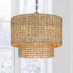 Suspension tambour traditionnelle en rotin naturel à 4 lumières avec auvent noir - Noir/ocre - 50,8 cm de largeur