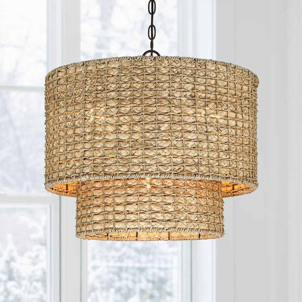 Suspension tambour traditionnelle en rotin naturel à 4 lumières avec auvent noir - Noir/ocre - 50,8 cm de largeur