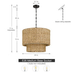 Suspension tambour traditionnelle en rotin naturel à 4 lumières avec auvent noir - Noir/ocre - 50,8 cm de largeur