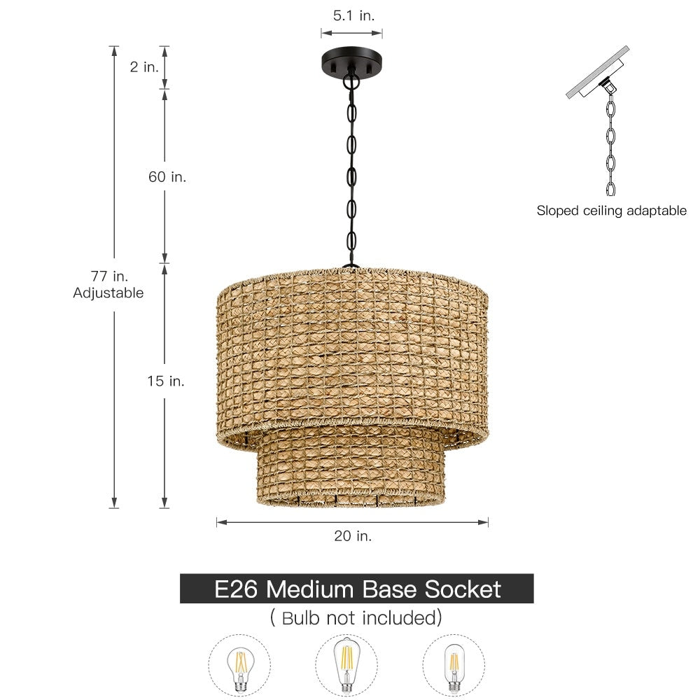 Suspension tambour traditionnelle en rotin naturel à 4 lumières avec auvent noir - Noir/ocre - 50,8 cm de largeur