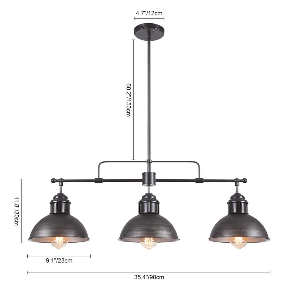 Suspension en forme de dôme de style industriel à 3 lampes, style ferme, en métal, pour îlot de cuisine linéaire, finition bronze huilé