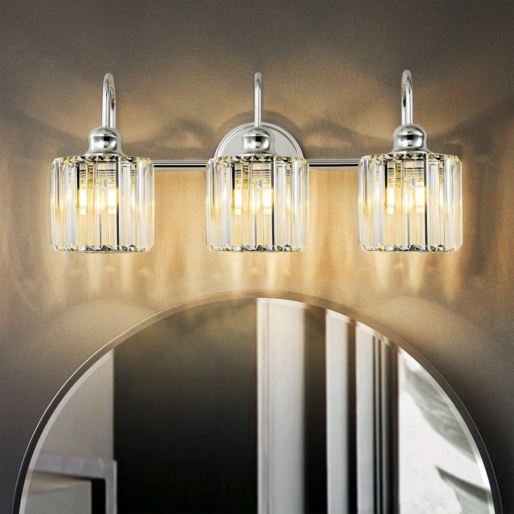 Applique murale de salle de bain moderne à 3 ou 4 lumières, en cristal, à intensité variable et linéaire, au-dessus du miroir