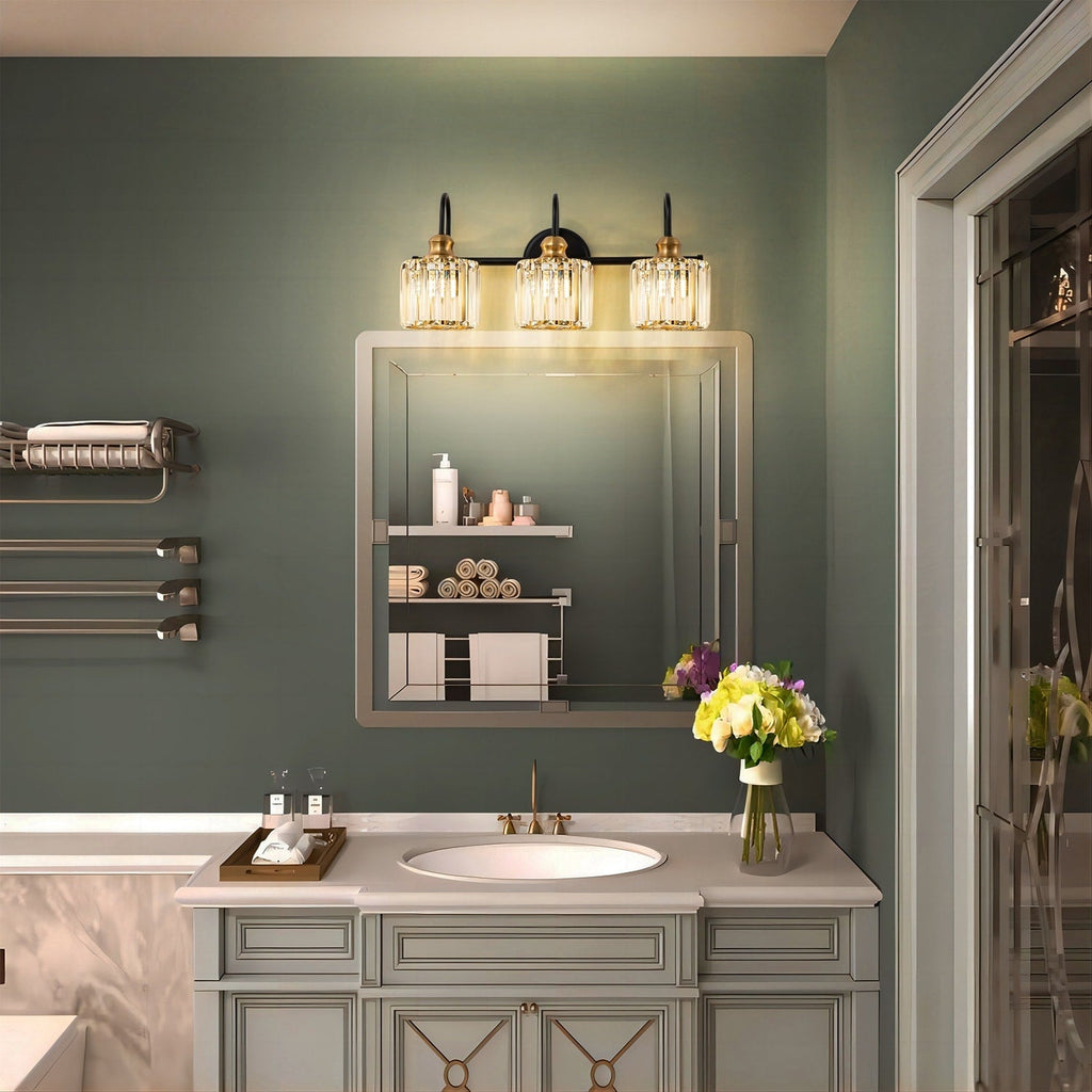 Applique murale de salle de bain moderne à 3 ou 4 lumières, en cristal, à intensité variable et linéaire, au-dessus du miroir