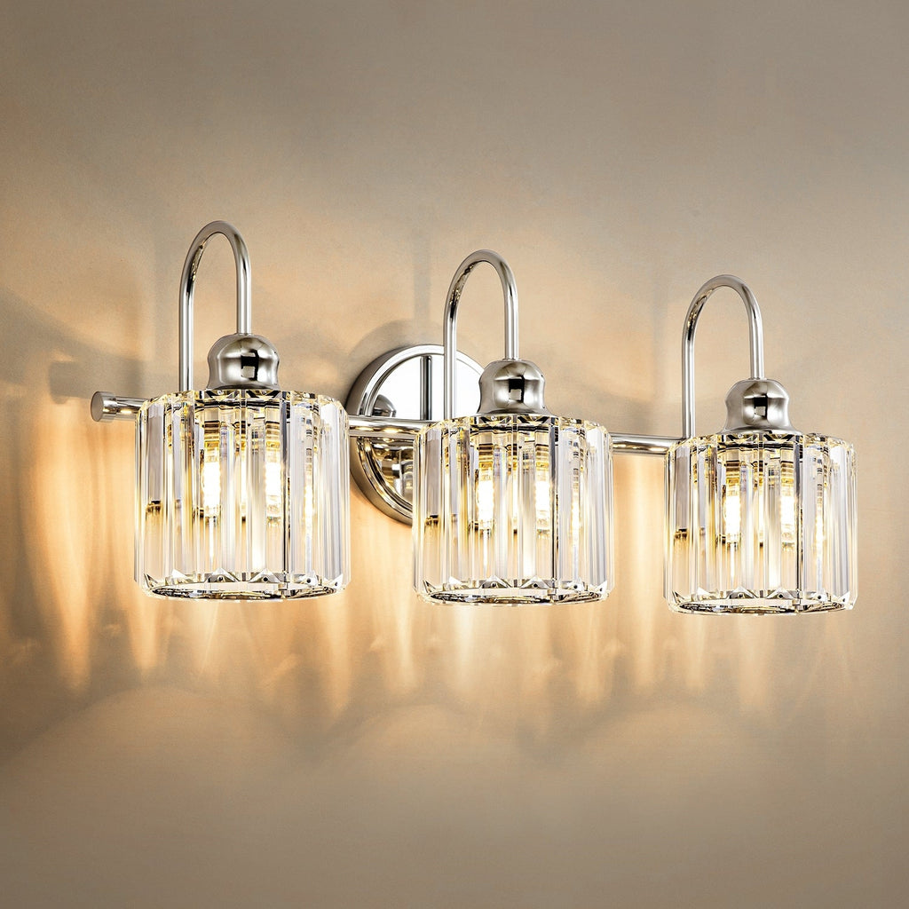 Applique murale de salle de bain moderne à 3 ou 4 lumières, en cristal, à intensité variable et linéaire, au-dessus du miroir