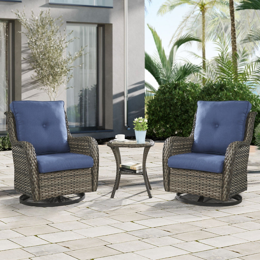 Fauteuil à bascule pivotant d'extérieur Gymojoy 3 pièces en osier avec coussin et table