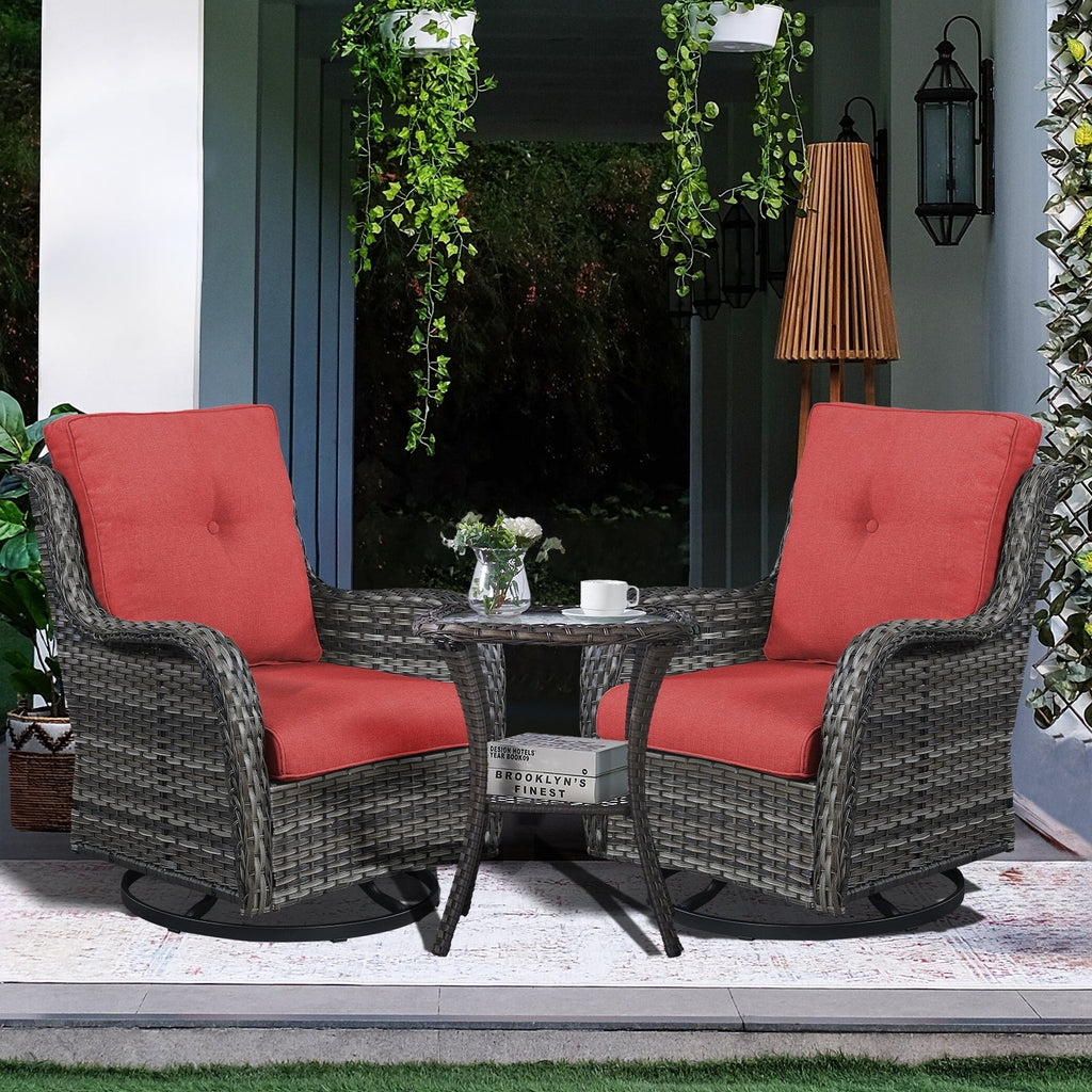 Fauteuil à bascule pivotant d'extérieur Gymojoy 3 pièces en osier avec coussin et table