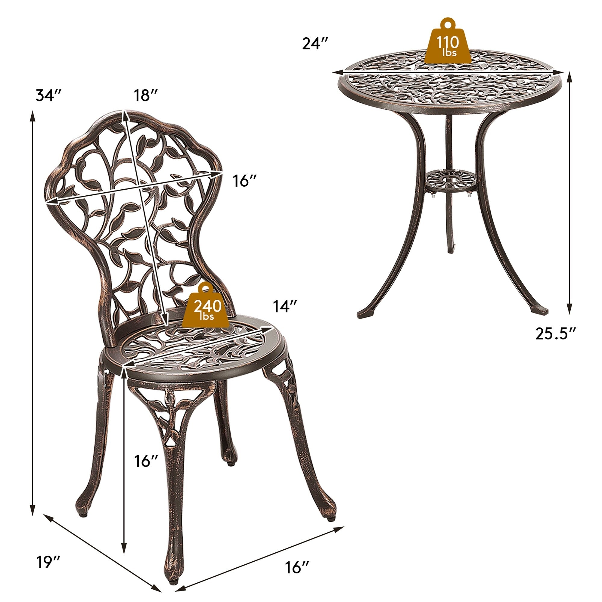 Ensemble de bistrot d'extérieur 3 pièces, ensemble de meubles de patio, ensemble table et chaises