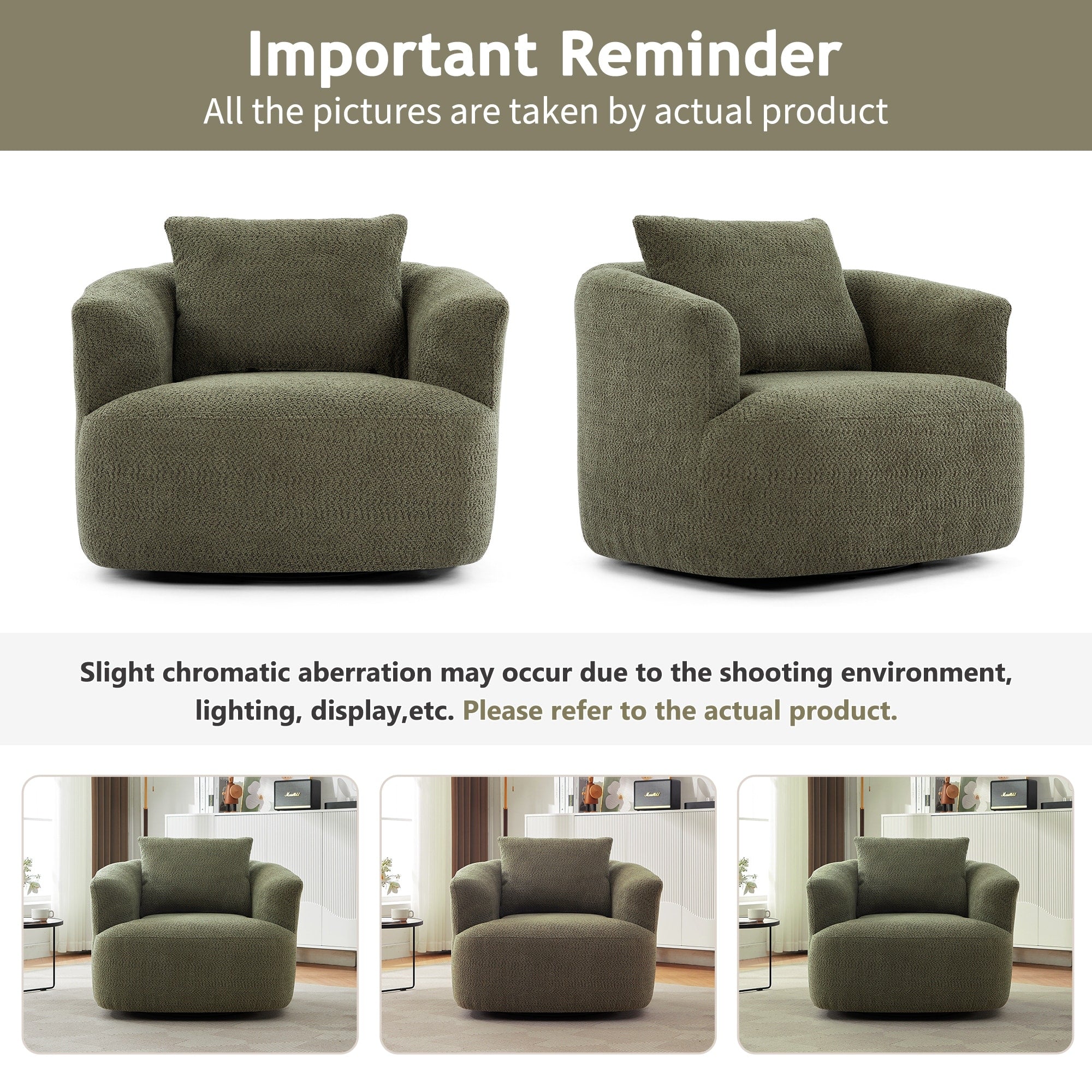 Fauteuil pivotant à 360°, fauteuil d'appoint Boucle 38,2" avec coussin décoratif, fauteuil rembourré en forme de tonneau avec accoudoirs incurvés