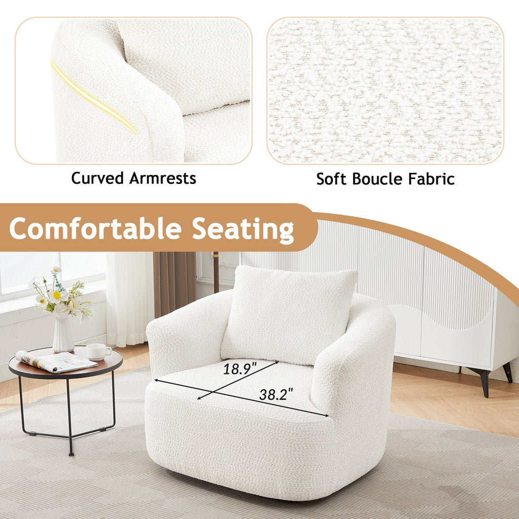 Fauteuil pivotant à 360°, fauteuil d'appoint Boucle 38,2" avec coussin décoratif, fauteuil rembourré en forme de tonneau avec accoudoirs incurvés