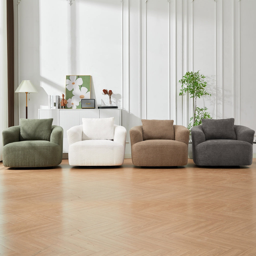 Fauteuil pivotant à 360°, fauteuil d'appoint Boucle 38,2" avec coussin décoratif, fauteuil rembourré en forme de tonneau avec accoudoirs incurvés