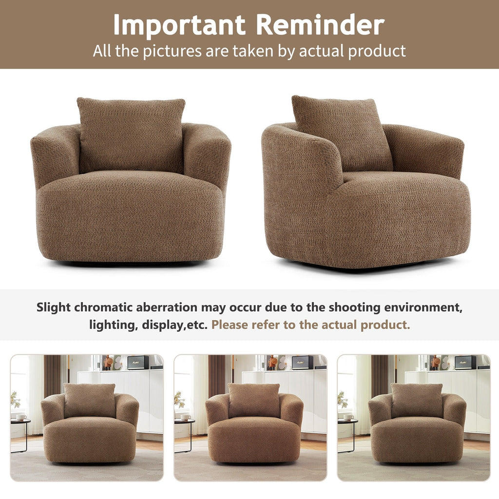 Fauteuil pivotant à 360°, fauteuil d'appoint Boucle 38,2" avec coussin décoratif, fauteuil rembourré en forme de tonneau avec accoudoirs incurvés