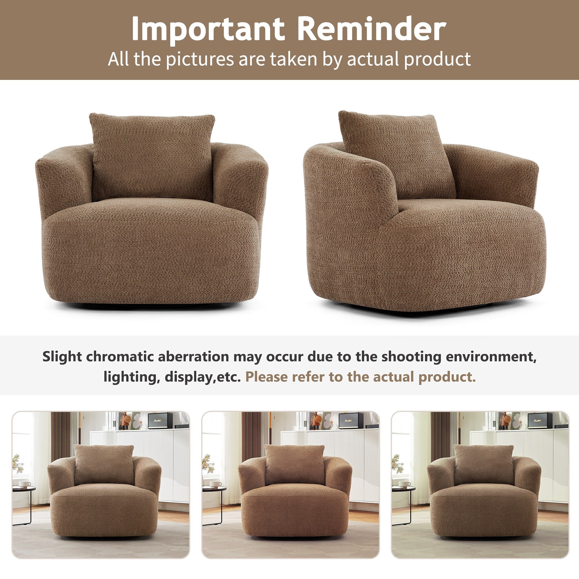 Fauteuil pivotant à 360°, fauteuil d'appoint Boucle 38,2" avec coussin décoratif, fauteuil rembourré en forme de tonneau avec accoudoirs incurvés