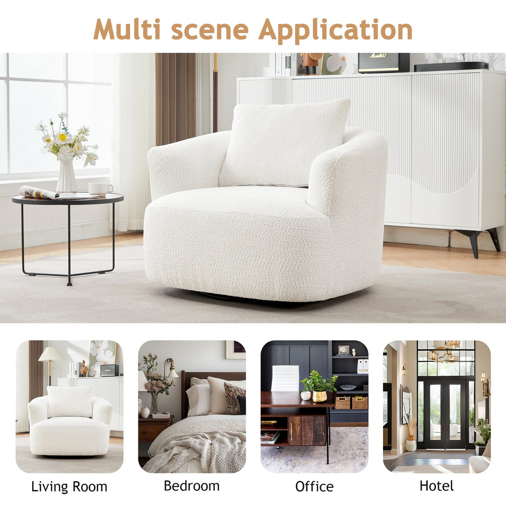 Fauteuil pivotant à 360°, fauteuil d'appoint Boucle 38,2" avec coussin décoratif, fauteuil rembourré en forme de tonneau avec accoudoirs incurvés
