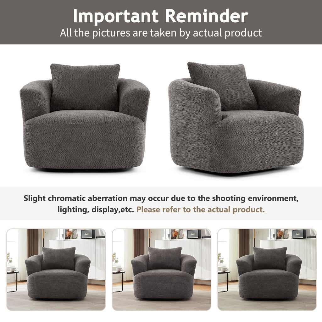 Fauteuil pivotant à 360°, fauteuil d'appoint Boucle 38,2" avec coussin décoratif, fauteuil rembourré en forme de tonneau avec accoudoirs incurvés