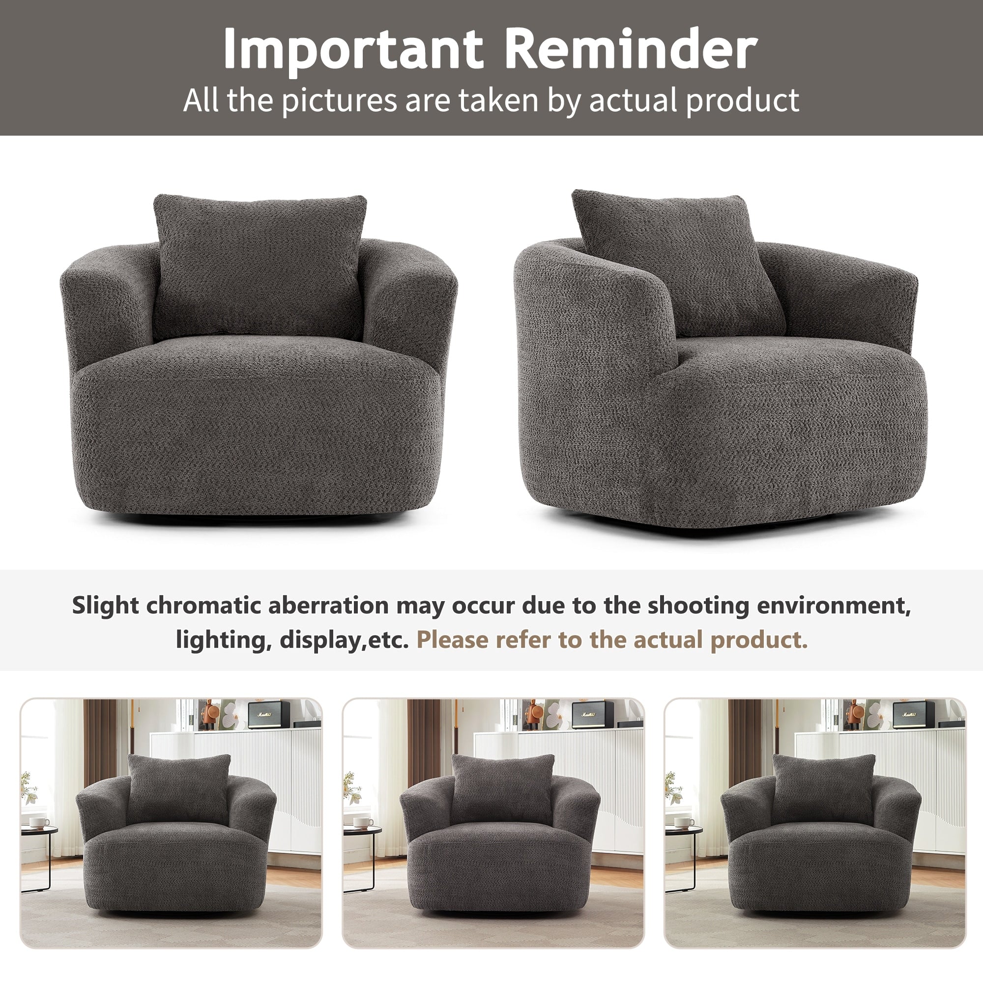 Fauteuil pivotant à 360°, fauteuil d'appoint Boucle 38,2" avec coussin décoratif, fauteuil rembourré en forme de tonneau avec accoudoirs incurvés