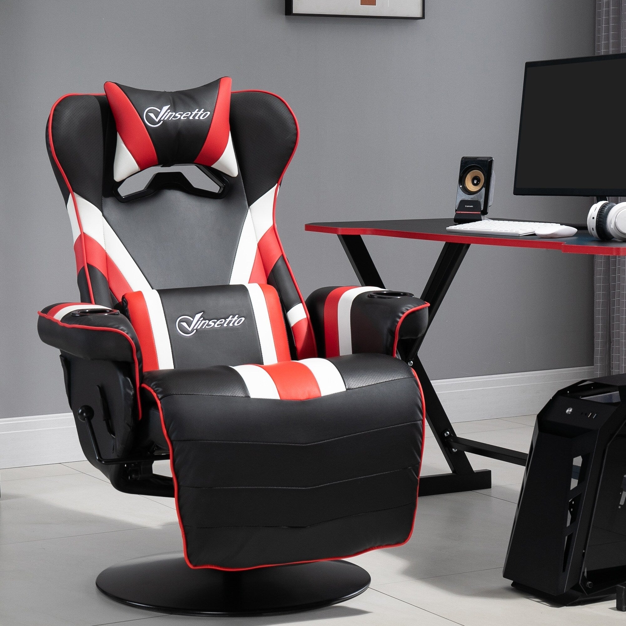 Fauteuil de jeu inclinable pivotant à 360°, style course, avec support lombaire, repose-pieds et deux porte-gobelets pour salle de jeux